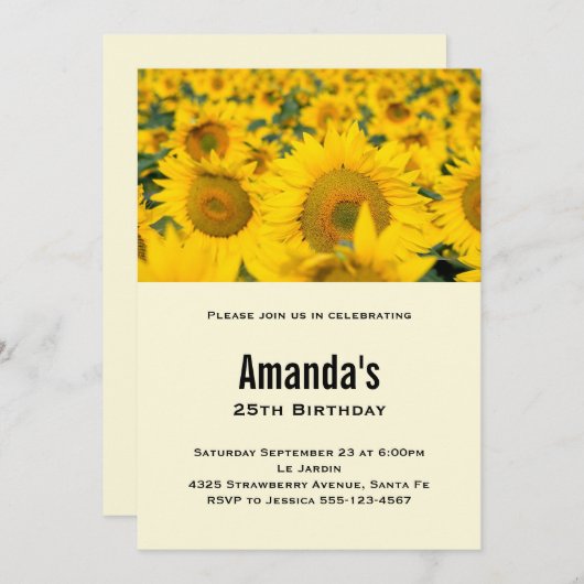 Geel veld van zonbloemen, geboortedag kaart (Voorkant / Achterkant)
