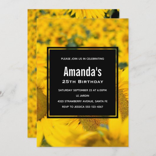 Geel veld van zonbloemen, geboortedag kaart (Voorkant / Achterkant)