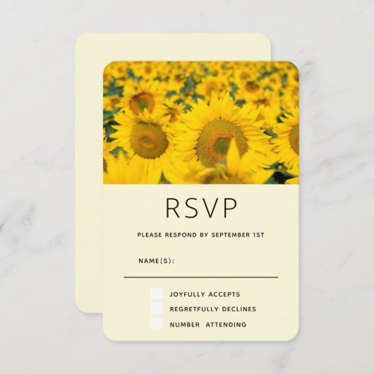 Geel veld van zonnebloemen RSVP kaartje (Voorkant / Achterkant)
