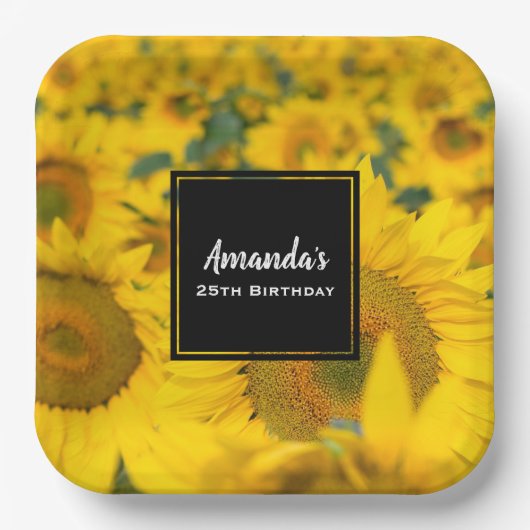 Geel veld Zonnebloemen Fotografie van de verjaarda Papieren Bordje (Voorkant)