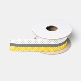 Geel vierblad en grijs polka stippenpatroon satijnen lint