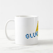 Geel vierkant met balken en tegenover pixel tekst  koffiemok (Links)