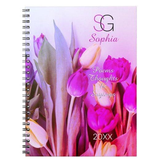 Geel Violet Roze Tulpen Naam Monogram Titel Jaar Notitieboek (Voorkant)
