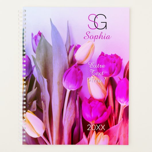 Geel Violet Roze Tulpen Naam Monogram Titel Jaar Planner (Voorkant)