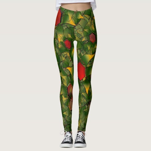Geel virtueel folium met rode zeshoeken leggings (Voorkant)