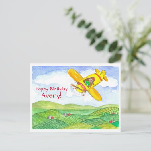 Geel Vliegtuig Gelukkige Verjaardag Custom Name Briefkaart (Staand voorkant)