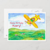 Geel Vliegtuig Gelukkige Verjaardag Custom Name Briefkaart (Voorkant / Achterkant)