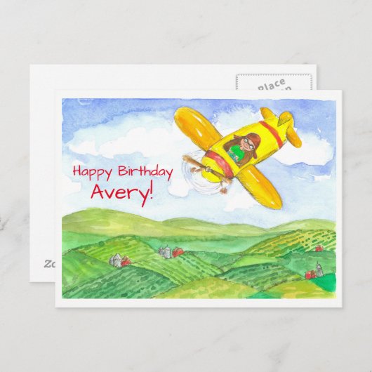 Geel Vliegtuig Gelukkige Verjaardag Custom Name Briefkaart (Voorkant / Achterkant)