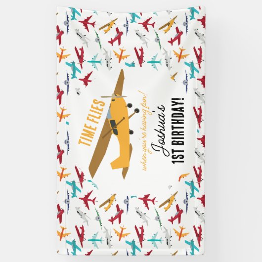 Geel Vliegtuig Kinder 1e Verjaardag Party Time Fli Spandoek (Verticaal)