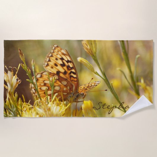 Geel vlinderstrand, naam, strandlaken (Voorkant)