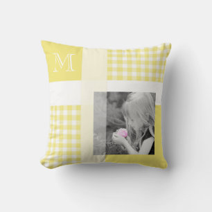 Geel Voeg je foto Gingham Modern Monogram toe Kussen
