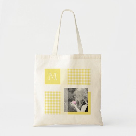 Geel Voeg je foto Gingham Modern Monogram toe Tote Bag (Voorkant)