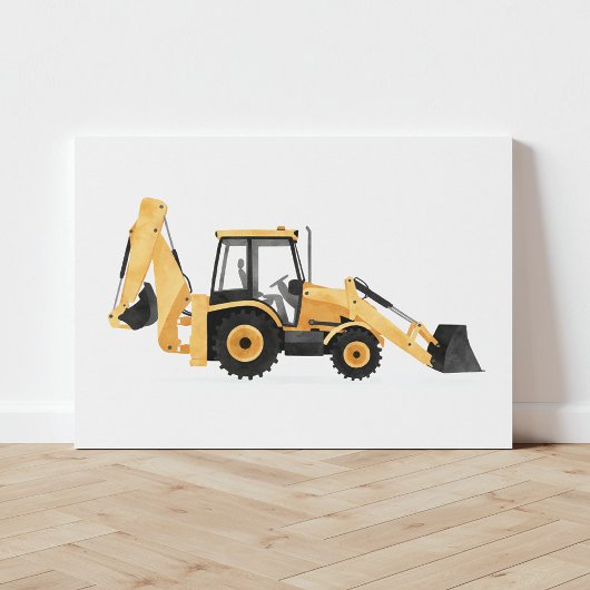 Geel voertuig voor het aanleggen van backhoe canvas afdruk