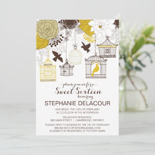 Geel  Vogelkooien Zoet Zestien Invitation Kaart (Staand voorkant)