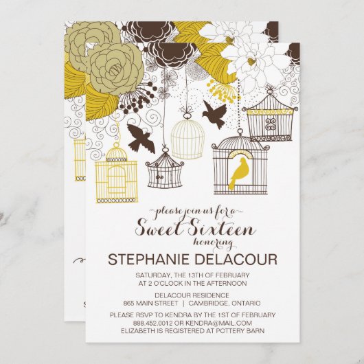 Geel  Vogelkooien Zoet Zestien Invitation Kaart (Voorkant / Achterkant)
