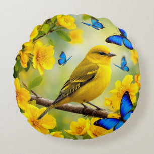 🌿✨ Geel Vogeltje Artistieke Natuur Huisdecoratie Rond Kussen