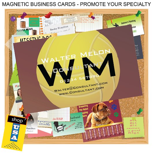 Geel Volleybal 🏐 Aardse Rode Achtergrond Custom Magnetisch Visitekaartje