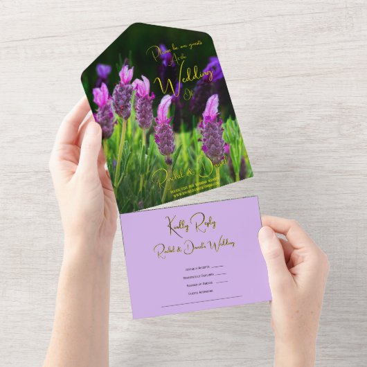 Geel voor lavender, Love & Devotion, Wedding All In One Uitnodiging (Afscheurbaar)