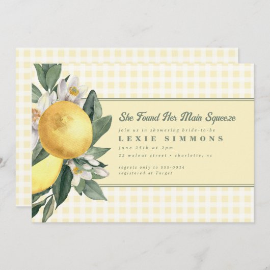 Geel Vrijgezellenfeest Lemon Main Squeeze Gingham Kaart (Voorkant / Achterkant)