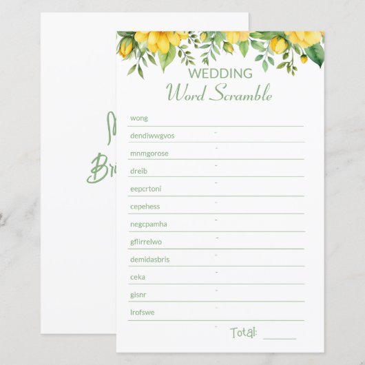 Geel Vrijgezellenfeest Word Scramble spel (Voorkant / Achterkant)