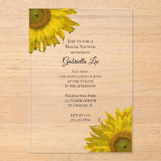 Geel Vrijgezellenfeest zonnebloemen Acryl Uitnodigingen (Voorkant)