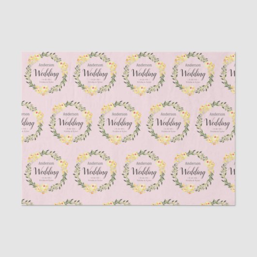 Geel W / C Bloemen Namen & Datum Blush Roze Bruilo Tissuepapier (Voorkant)