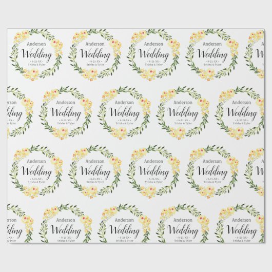 Geel W / C Bloemen Namen & Datum op Witte Bruiloft Cadeaupapier (Vlak)