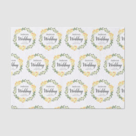 Geel W / C Bloemen Namen & Datum op Witte Bruiloft Tissuepapier
