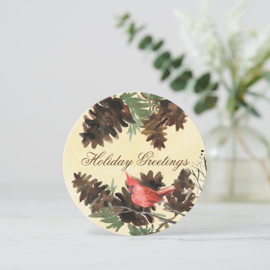 Geel w. Red Kardinaal Pine Cones Holiday Kaart (Staand voorkant)