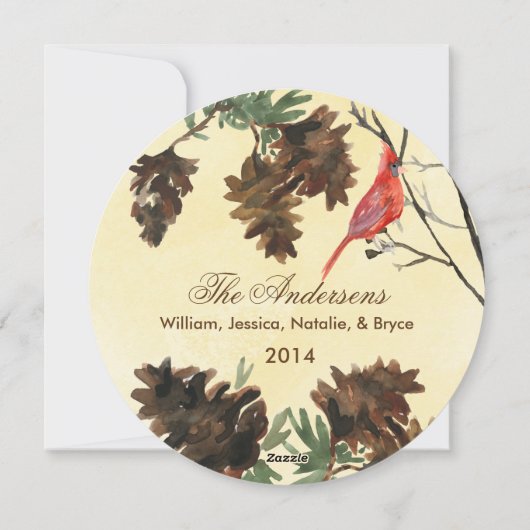 Geel w. Red Kardinaal Pine Cones Holiday Kaart (Achterkant)