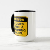 Geel waarschuwingsetiket verkeersbord gevaar waars mok (Voorkant links)