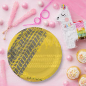 Geel waarschuwingsspoor van banden papieren bordje (Feest)