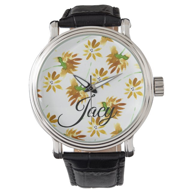 Geel Waterverf Bloemen Script Naam Moederdag Horloge (Voorkant)