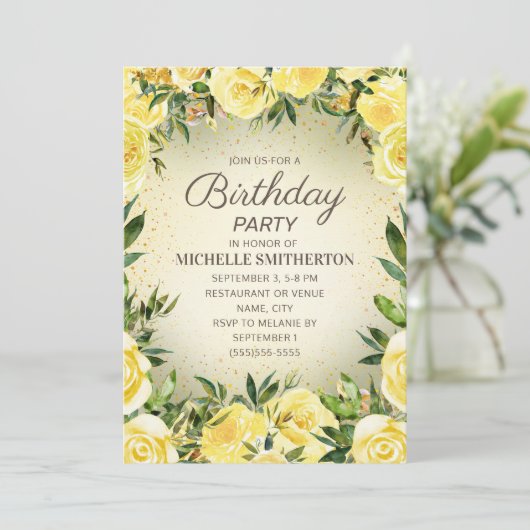 Geel Waterverf Bloemenglitter Volwassenen Verjaard Kaart