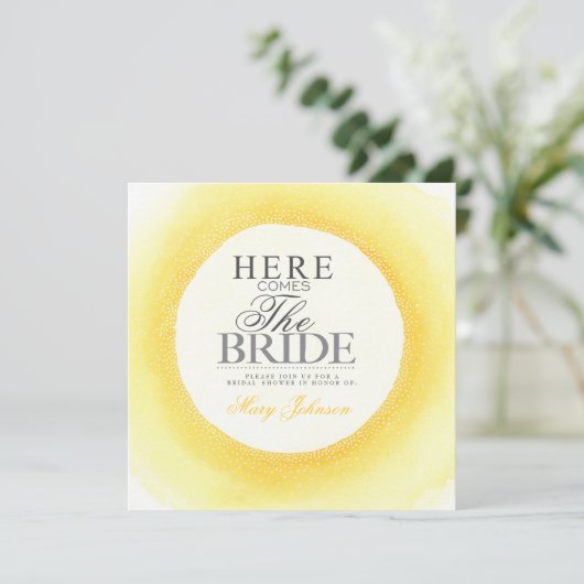Geel Waterverf Bruidsdouche Feest Uitnodiging (Staand voorkant)