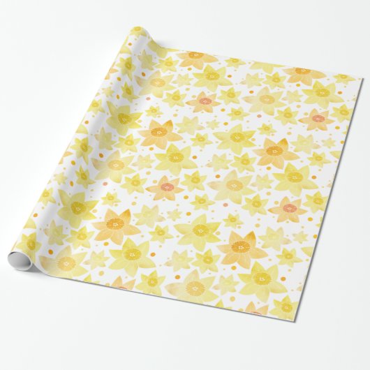 Geel Waterverf Daffodil & Stippen Patroon Cadeaupapier (Uitgerold)
