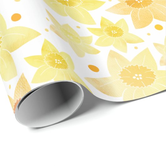 Geel Waterverf Daffodil & Stippen Patroon Cadeaupapier (Rol Hoek)