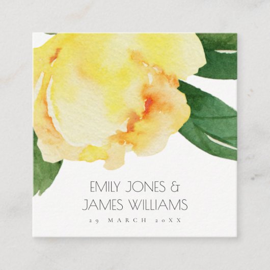 GEEL WATERVERF FLORAAL PERSONALISEERDE WEDING VIERKANTE VISITEKAARTJE (Voorkant)