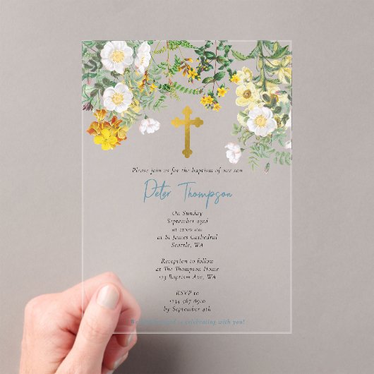 Geel Waterverf Roos Bloem Vloertuinjongen Baptisme Acryl Uitnodigingen (Insitu (Draagbaar))