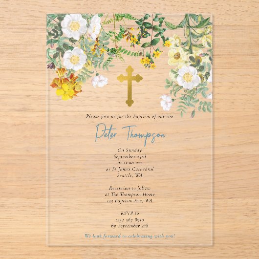 Geel Waterverf Roos Bloem Vloertuinjongen Baptisme Acryl Uitnodigingen (Voorkant)