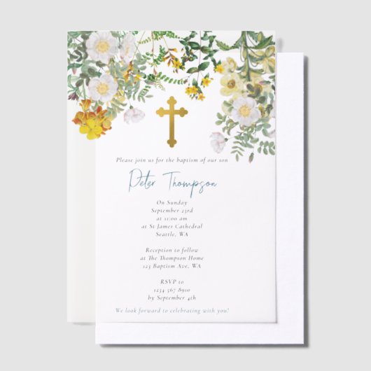 Geel Waterverf Roos Bloem Vloertuinjongen Baptisme Vellum Uitnodigingen (Offset)