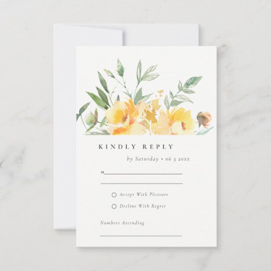 Geel Waterverf Roos Vloerbunkerbruiloft RSVP Kaartje (Voorkant)