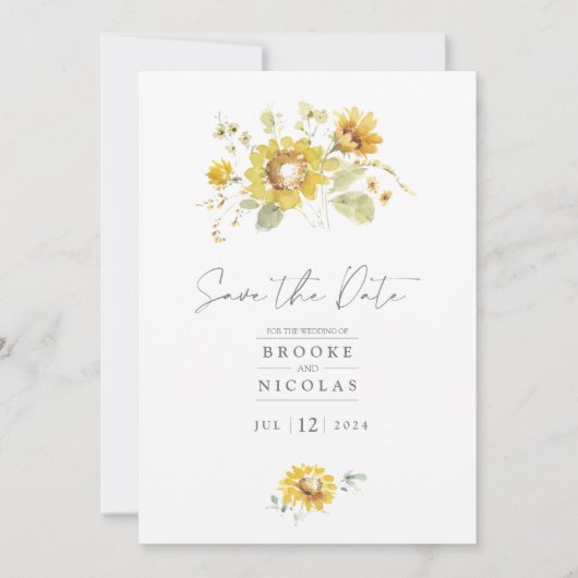 Geel Waterverf Zonnebloem Trouwuitnodiging Save The Date (Voorkant)