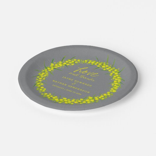 Geel wattle bloem waterverf kunst grijs bruiloft papieren bordje (Gekanteld)