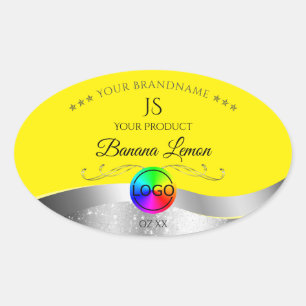 Geel Wavy Zilver Logo Monogram Productlabel Ovale Sticker