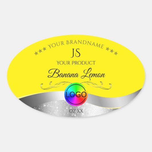 Geel Wavy Zilver Logo Monogram Productlabel Ovale Sticker (Voorkant)