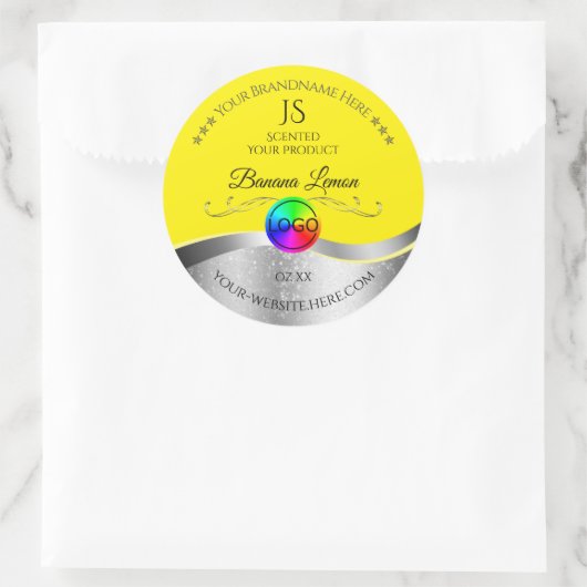 Geel Wavy Zilver Logo Monogram Productlabel Ronde Sticker (Tas)