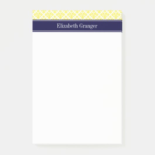 Geel Whisasje Damask #3 Navy Name Monogram Post-it® Notes (Voorkant)