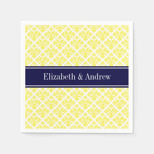  Geel Whisasje Damask #3 Navy Name Monogram Servetten (Voorkant)