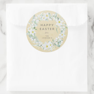 Geel + White Floral Wreate Paasbericht Ronde Sticker